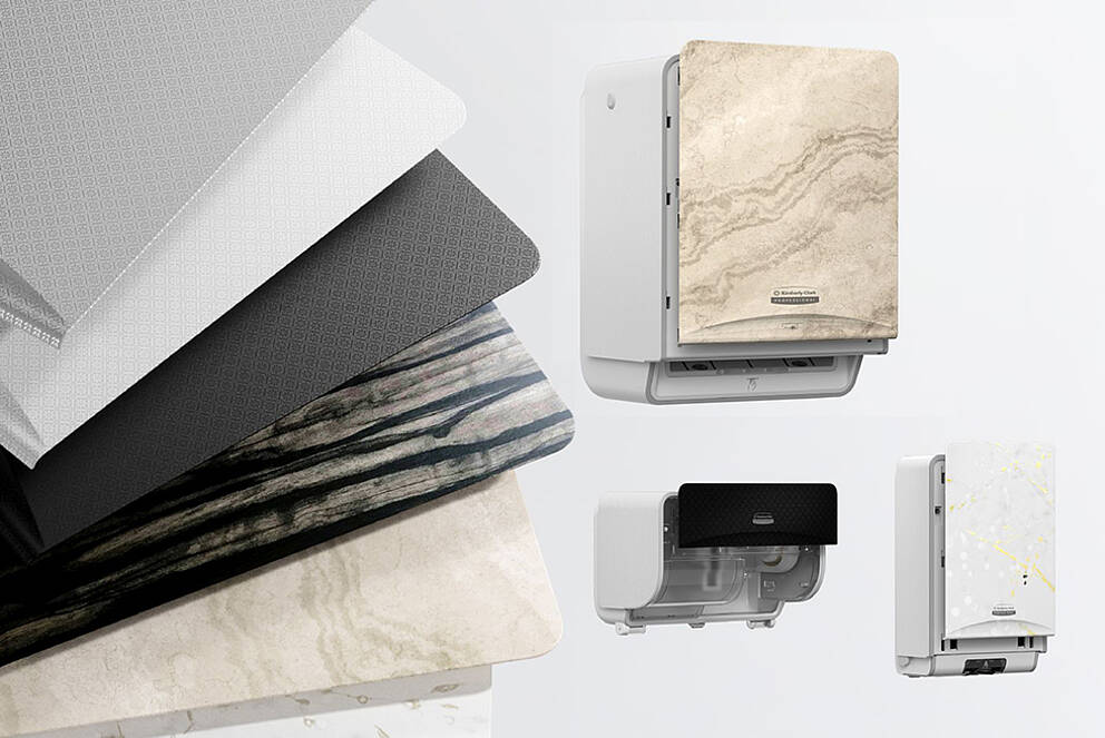 Selection of aesthetic surface designs for hygiene dispensers